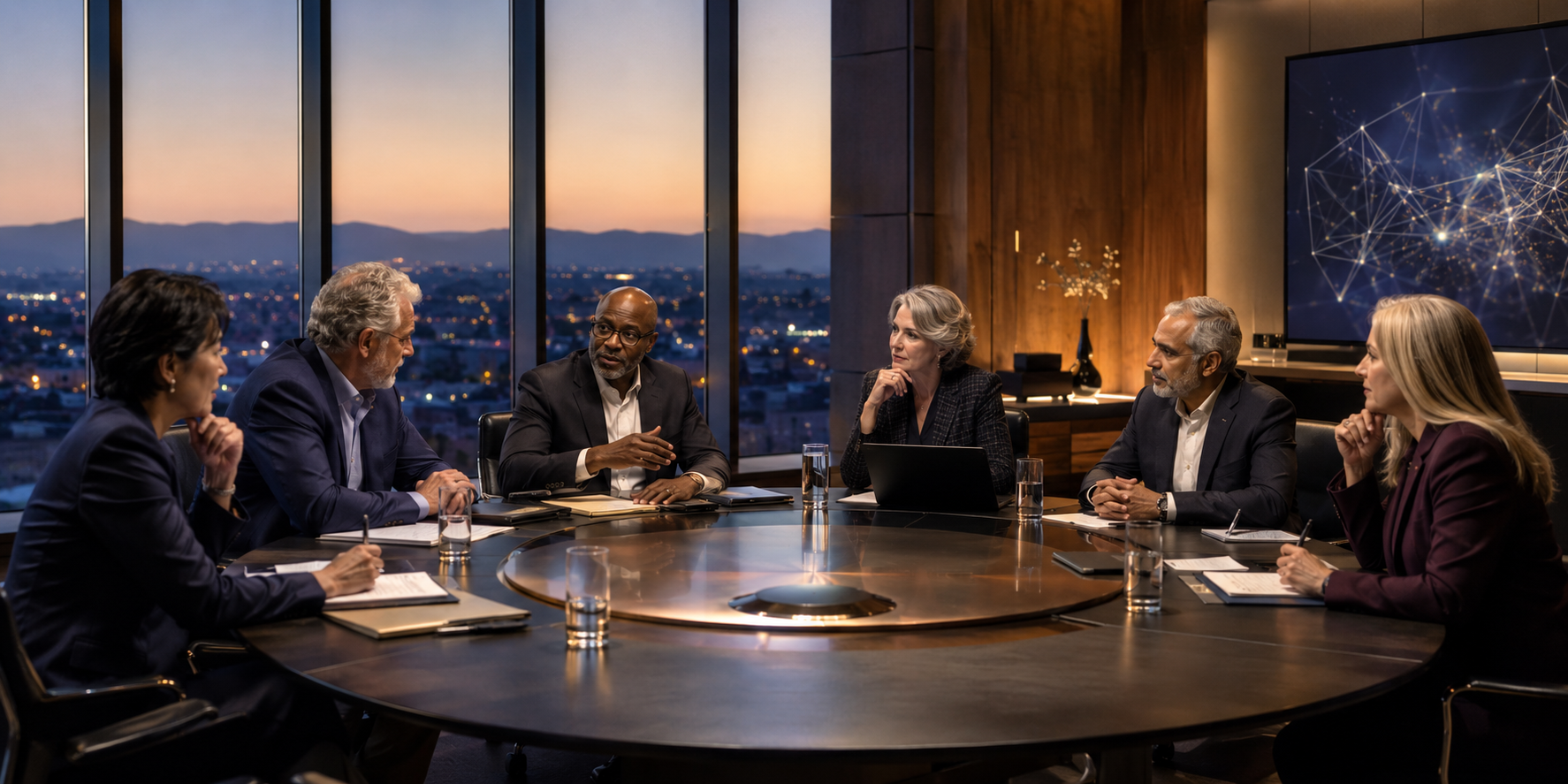 Senior academic, technology and finance advisors in discussion