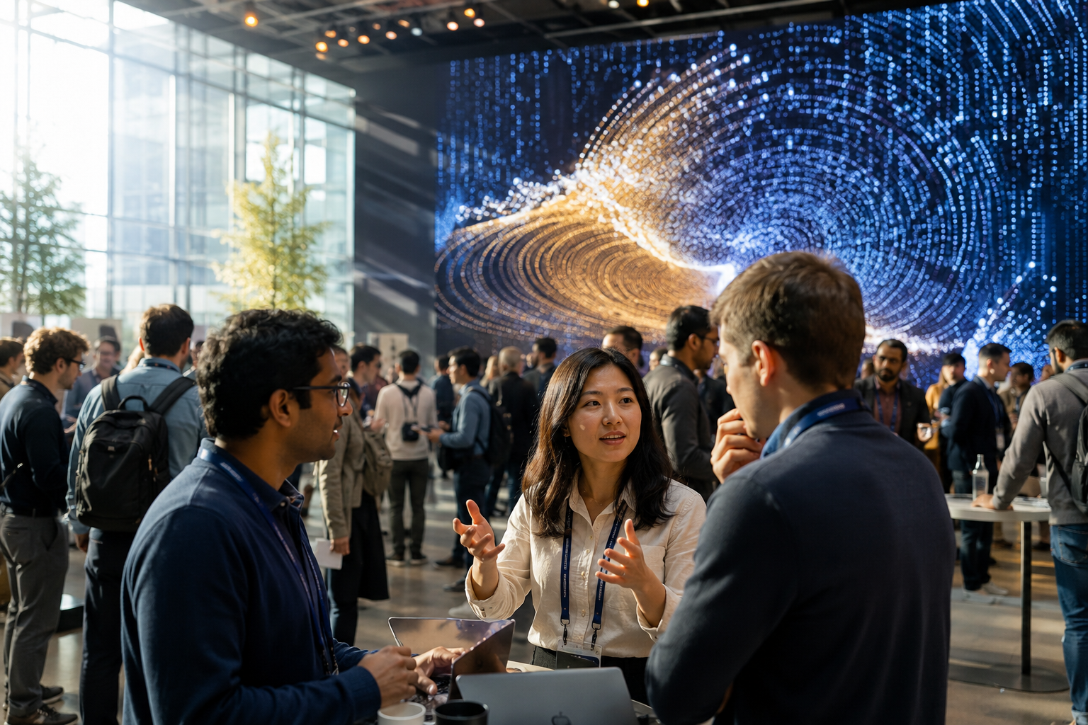 Researchers and founders exchanging ideas at a frontier technology conference