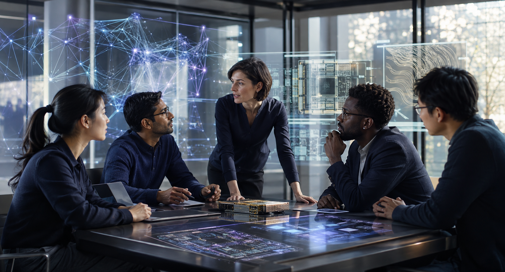 Multidisciplinary technical researchers collaborating on AI and semiconductor systems